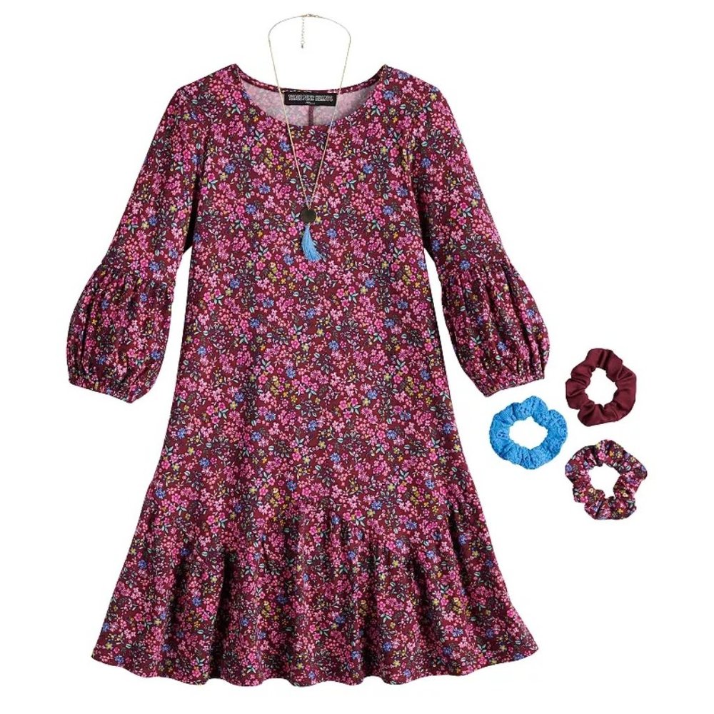 NEW GIRLS Three Pink Hearts Lantern Sleeve Dress with Scrunchies Large EASTER